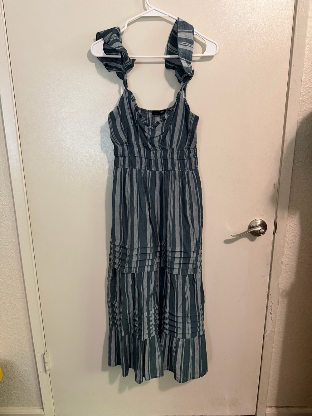 Striped Blue Maxi Dress with Ruffled Tie Straps